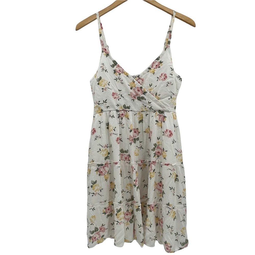 Hollister White Floral Tiered Ruffle V-Neck Smocked Spaghetti Strap Large Dress